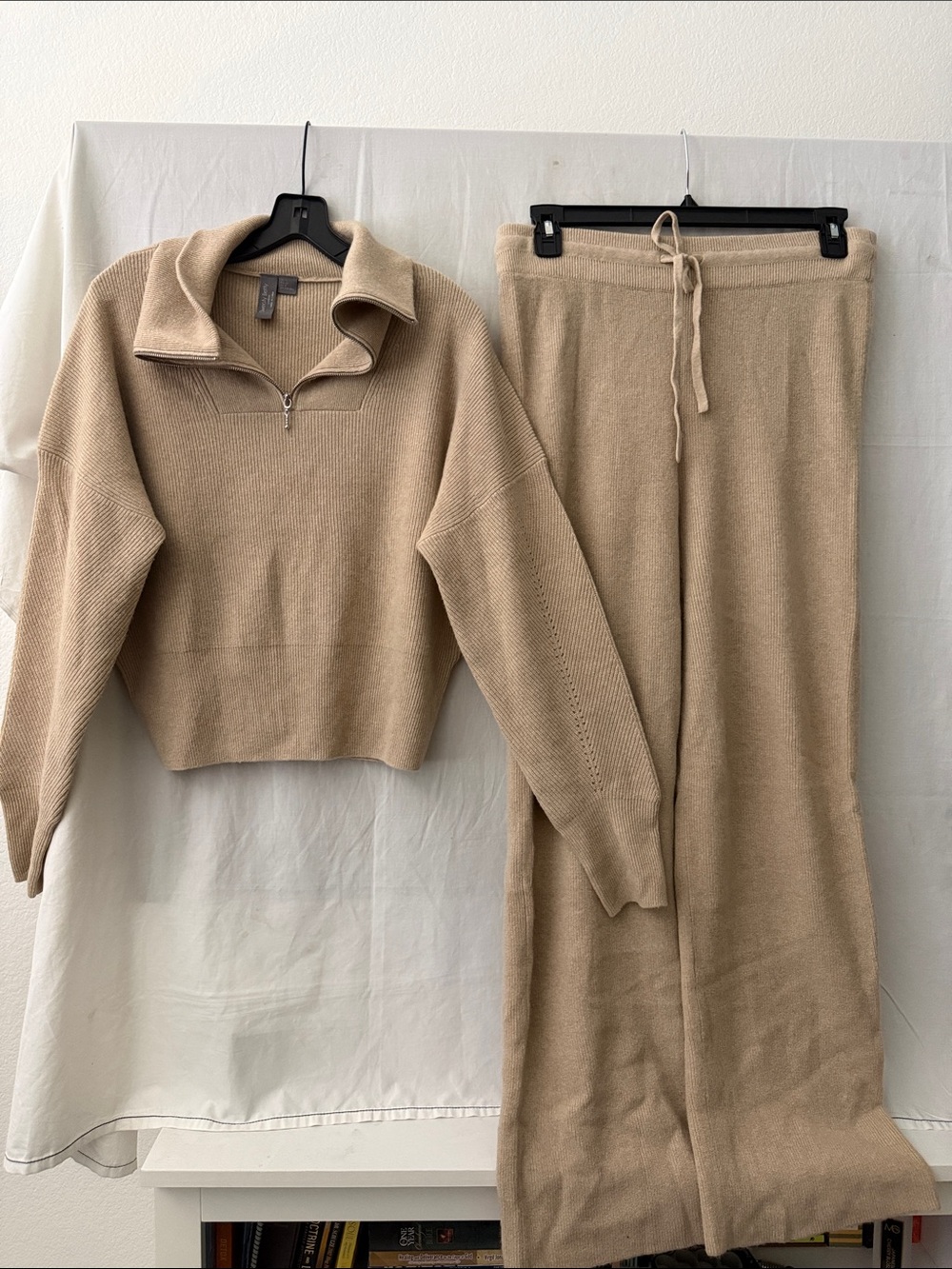 Sweaty Betty Beige Half-Zip Knit Sweater with Matching Wide-Leg Knit Pants
